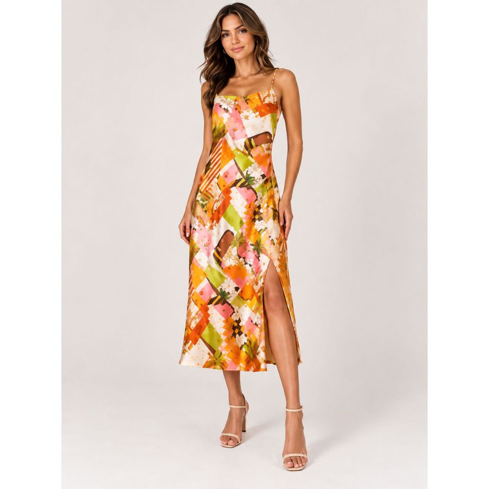 House of Harlow Small Midi Orange Abstract Satin Summer Dress Going Out Party